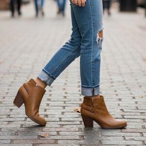 Charlotte Chestnut Ankle Booties by Baretraps | Size 8M Vegan Leather Block Heel